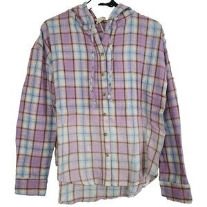 Hem and Thread Womens Hooded Shirt Large Purple Plaid Deep Dye‎ Button Up BOHO